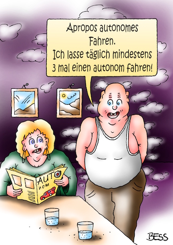 Cartoon: autonomes Fahren lassen (medium) by besscartoon tagged auto,technik,digitalisierung,automobil,autonomes,zukunft,furzen,fahren,mann,frau,paar,bess,besscartoon