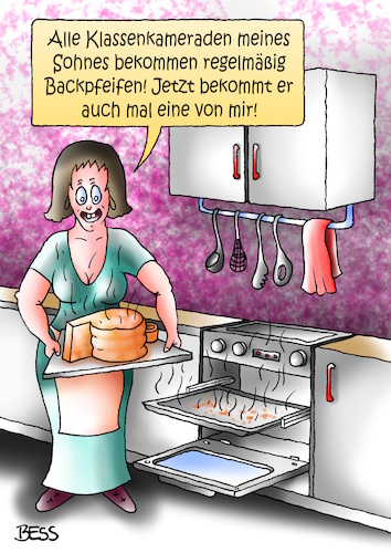 Cartoon: Backpfeife (medium) by besscartoon tagged frau,backen,schule,klasse,klassenkameraden,küche,pädagogik,backpfeife,gewalt,bess,besscartoon