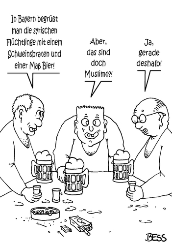 Cartoon: bayrische Gastfreundschaft (medium) by besscartoon tagged bayern,schweinsbraten,bier,muslime,flüchtlingsstrom,asyl,flüchtlinge,flüchtlingsdrama,syrien,deutschland,willkommen,welcome,politik,bess,besscartoon