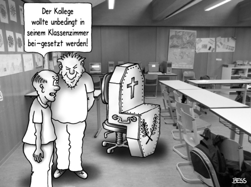 Cartoon: Bei-setzung (medium) by besscartoon tagged kollege,schuldienst,schuljahr,schule,schüler,lehrer,pädagogik,gymnasium,hauptschule,realschule,werkrealschule,lernen,schulmeister,klassenzimmer,tod,sterben,beisetzung,sarg,pauker,bess,besscartoon