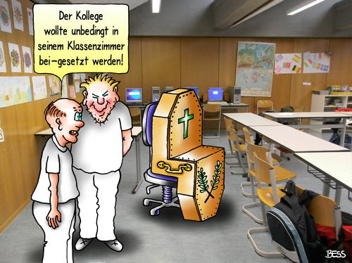 Cartoon: Bei-setzung (medium) by besscartoon tagged kollege,schuldienst,schuljahr,schule,schüler,lehrer,pädagogik,gymnasium,hauptschule,realschule,werkrealschule,lernen,schulmeister,klassenzimmer,tod,sterben,beisetzung,sarg,pauker,bess,besscartoon