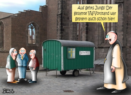 Cartoon: Beichtmobil (medium) by besscartoon tagged diesel,dieselskandal,dieselgate,fahrverbot,mobilität,bmw,daimler,vw,audi,manipulation,automobil,wirtschaft,verkehr,feinstaub,abgasskandal,beichte,beichtmobil,bess,besscartoon