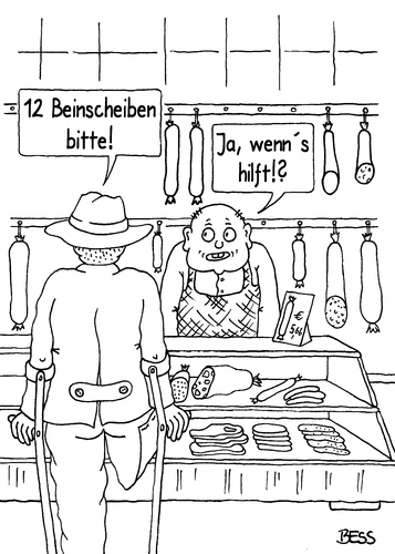 Cartoon: Beinscheiben (medium) by besscartoon tagged man,metzger,amputiert,handicap,behinderung,wurst,fleisch,metzgerei,bein,scheiben,bess,besscartoon