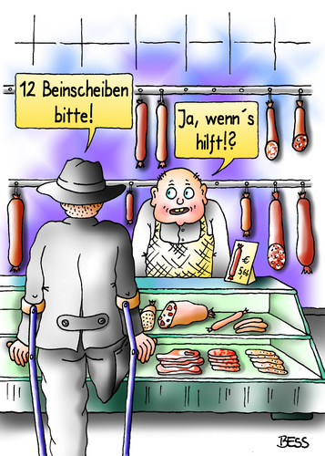 Cartoon: Beinscheiben (medium) by besscartoon tagged man,metzger,amputiert,handicap,behinderung,wurst,fleisch,metzgerei,bein,scheiben,bess,besscartoon