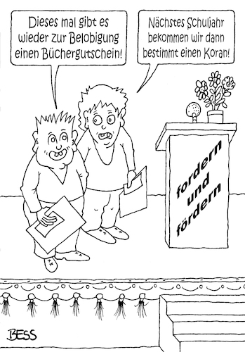 Cartoon: Belobigung (medium) by besscartoon tagged schule,pädagogik,lehrer,belobigung,islam,koran,zeugnis,versetzung,schüler,hauptschule,realschule,gymnasium,fordern,fördern,bess,besscartoon