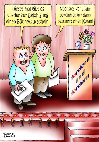 Cartoon: Belobigung (medium) by besscartoon tagged schule,pädagogik,lehrer,belobigung,islam,koran,zeugnis,versetzung,schüler,hauptschule,realschule,gymnasium,fordern,fördern,bess,besscartoon