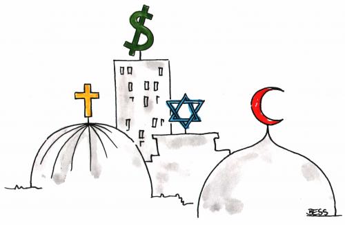 Cartoon: Die Macht des Geldes (medium) by besscartoon tagged religion,weltreligionen,geld,islam,christentum,judentum,dollar,kreuz,davidstern,halbmond,bess,besscartoon
