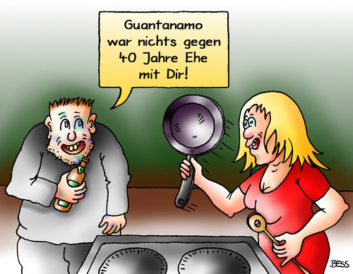 Cartoon: Beziehungsprobleme (medium) by besscartoon tagged mann,frau,beziehung,folter,paar,ehe,guantanamo,konflikt,gewalt,pfanne,bess,besscartoon