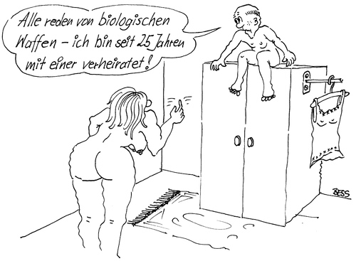 Cartoon: Biologische Waffe (medium) by besscartoon tagged mann,frau,paar,beziehung,ehe,liebe,biologisch,waffen,gewalt,bess,besscartoon