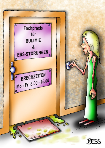 Cartoon: Brechzeiten (medium) by besscartoon tagged frau,bulimie,brechzeiten,essstörungen,fachpraxis,gesund,krank,sucht,arzt,doktor,bess,besscartoon
