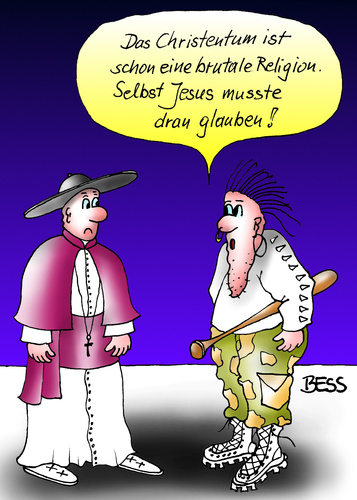 Cartoon: Brutale Religion (medium) by besscartoon tagged christentum,religion,katholisch,kirche,punk,baseballschläger,gewalt,brutal,brutalität,jesus,christus,tod,sterben,pfarrer,bess,besscartoon