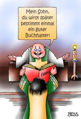 Cartoon: Buchhalter (medium) by besscartoon tagged religion,pfarrer,priester,messdiener,evangelium,christentum,kirche,katholisch,buchhalter,bess,besscartoon