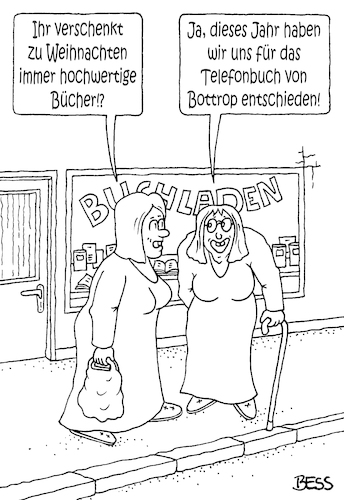 Cartoon: Bücherfreunde (medium) by besscartoon tagged frauen,buch,bücher,buchladen,weihnachten,lesen,hochwertig,fest,telefonbuch,geschenk,bottrop,bess,besscartoon