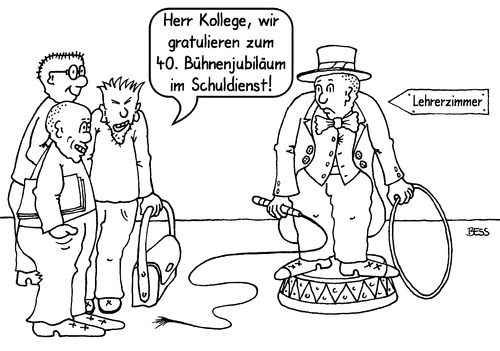 Cartoon: Bühnenjubiläum im Schuldienst (medium) by besscartoon tagged schuldienst,dienstjubiläum,bühne,bühnenjubiläum,dienst,domteur,schule,reifen,peitsche,pädagogik,gymnasium,hauptschule,realschule,werkrealschule,lernen,lehrer,zirkus,kollege,schulmeister,lehrerzimmer,pauker,bess,besscartoon