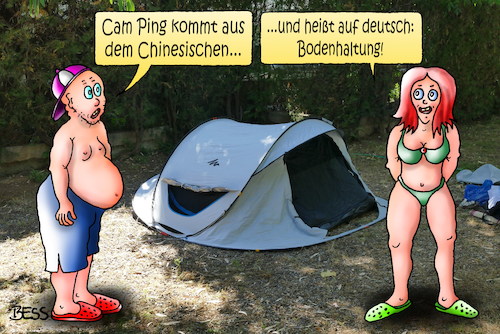 Cartoon: Cam Ping (medium) by besscartoon tagged urlaub,camping,sommer,chinesisch,zelt,bodenhaltung,freizeit,ferien,bess,besscartoon