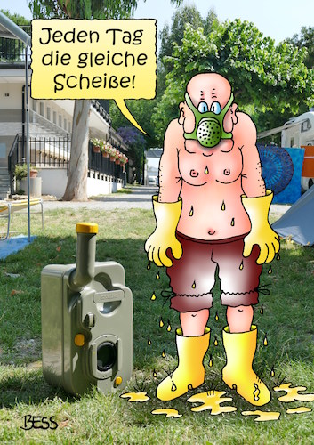 Cartoon: Camping-Klo (medium) by besscartoon tagged mann,camping,urlaub,ferien,klo,toilette,campingklo,gasmaske,gummistiefel,handschuhe,hygiene,scheiße,bess,besscartoon
