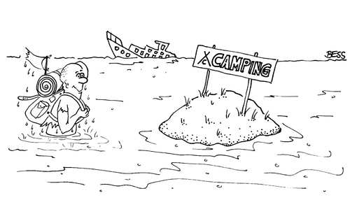 Cartoon: Camping (medium) by besscartoon tagged mann,insel,campingmeer,bess,besscartoon