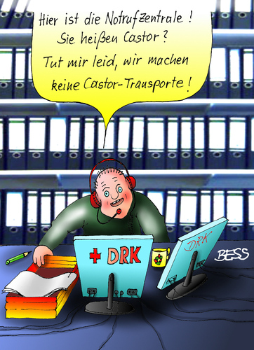 Cartoon: Castor-Transport (medium) by besscartoon tagged kernenergie,atommüll,drk,notrufzentrale,kerntechnik,castor,transport,bess,besscartoon