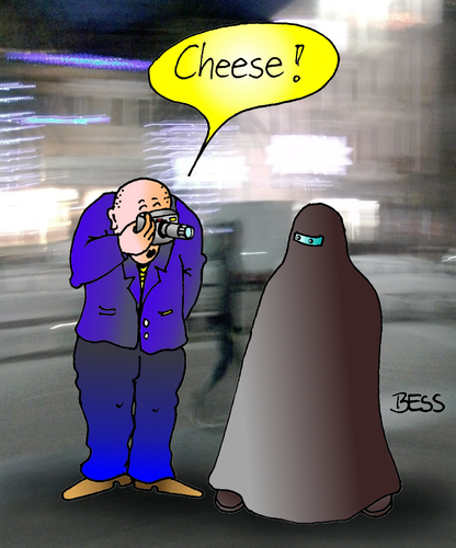 Cartoon: Cheese (medium) by besscartoon tagged besscartoon,bess,fotograf,cheese,fotografieren,religion,islam,burka