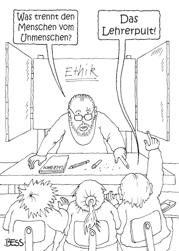 Cartoon: clever (medium) by besscartoon tagged schule,gymnasium,realschule,hauptschule,gemeinschaftsschule,schüler,lehrer,pädagogik,lehrerpult,mensch,unmensch,ethik,bess,besscartoon