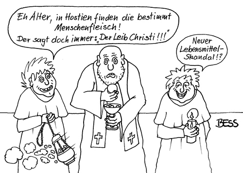 Cartoon: Das auch noch (medium) by besscartoon tagged religion,kirche,christentum,katholisch,pfarrer,ministranten,lebensmittelskandal,leib,christi,jesus,hostien,bess,fleisch,menschenfleisch,besscartoon