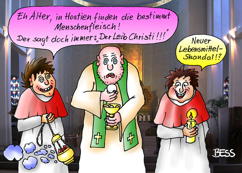 Cartoon: Das auch noch (medium) by besscartoon tagged religion,kirche,christentum,katholisch,pfarrer,ministranten,lebensmittelskandal,leib,christi,jesus,hostien,bess,fleisch,menschenfleisch,besscartoon