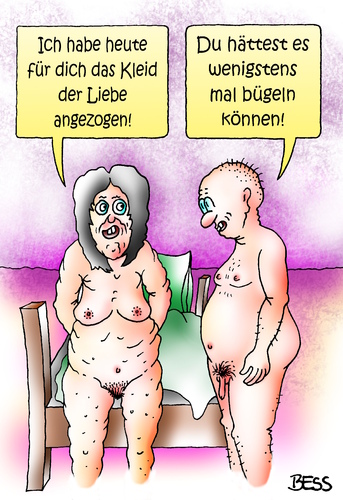 Cartoon: das Kleid der Liebe (medium) by besscartoon tagged mann,frau,paar,beziehung,liebe,bügeln,kleid,sexualität,bett,alter,falten,bess,besscartoon