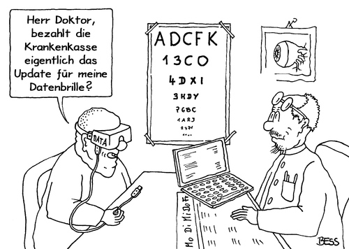 Cartoon: Update auf Krankenkasse (medium) by besscartoon tagged besscartoon,bess,computer,internet,technik,datenbrille,update,krankenkasse,augenarzt,arzt,doktor