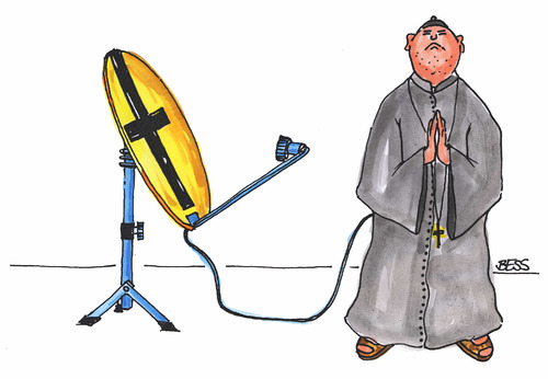 Cartoon: Der heiße Draht (medium) by besscartoon tagged kirche,pfarrer,gott,technik,beten,himmel,kreuz,bess,besscartoon