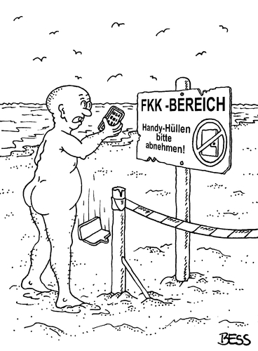 Cartoon: die Hüllen fallen (medium) by besscartoon tagged fkk,freikörperkultur,strand,urlaub,ferien,meer,handy,schutzhülle,technik,bess,besscartoon