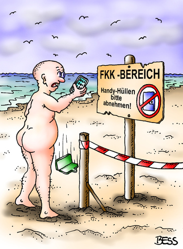 Cartoon: die Hüllen fallen (medium) by besscartoon tagged fkk,freikörperkultur,strand,urlaub,ferien,meer,handy,schutzhülle,technik,bess,besscartoon