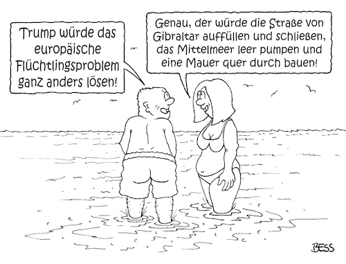 Cartoon: die Lösung (medium) by besscartoon tagged donald,trump,flüchtlinge,mittelmeer,gibraltar,mauer,lösung,flüchtlingsproblem,italien,spanien,griechenland,migranten,politik,eu,europa,bess,besscartoon