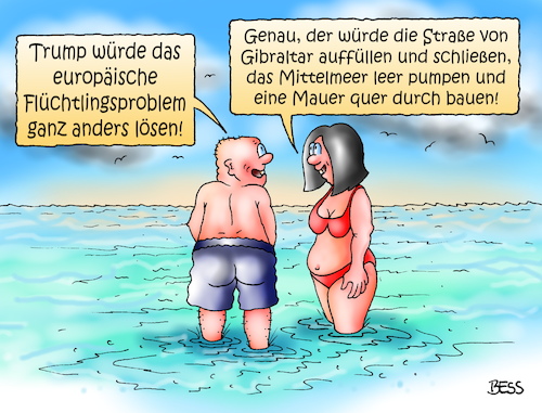 Cartoon: die Lösung (medium) by besscartoon tagged donald,trump,flüchtlinge,mittelmeer,gibraltar,mauer,lösung,flüchtlingsproblem,italien,spanien,griechenland,migranten,politik,eu,europa,bess,besscartoon