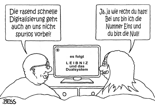 Cartoon: Digitalisierung (medium) by besscartoon tagged mann,frau,paar,beziehung,ehe,computer,mathematik,digitalisierung,null,eins,dualsystem,leibniz,bess,besscartoon