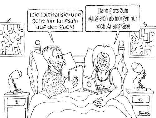 Cartoon: Digitalisierung (medium) by besscartoon tagged mann,frau,paar,beziehung,ehe,analog,analogkäse,computer,digitalisierung,sack,bess,besscartoon