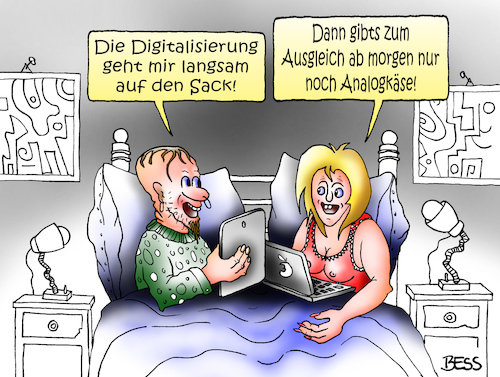 Cartoon: Digitalisierung (medium) by besscartoon tagged mann,frau,paar,beziehung,ehe,analog,analogkäse,computer,digitalisierung,sack,bess,besscartoon