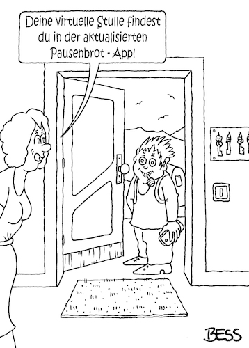 Cartoon: Digitalisierung (medium) by besscartoon tagged eltern,mutter,sohn,schüler,schule,pädagogik,pause,pausenbrot,handy,smartphone,virtuelle,stulle,app,digitalisierung,grundschule,hauptschule,realschule,gemeinschaftsschule,gymnasium,bess,besscartoon