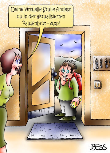 Cartoon: Digitalisierung (medium) by besscartoon tagged eltern,mutter,sohn,schüler,schule,pädagogik,pause,pausenbrot,handy,smartphone,virtuelle,stulle,app,digitalisierung,grundschule,hauptschule,realschule,gemeinschaftsschule,gymnasium,bess,besscartoon