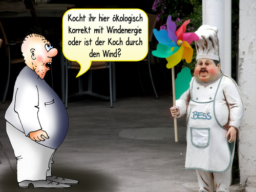 Cartoon: durch den Wind (medium) by besscartoon tagged essen,trinken,kochen,restaurant,koch,windrad,wind,ökologie,windenergie,bess,besscartoon