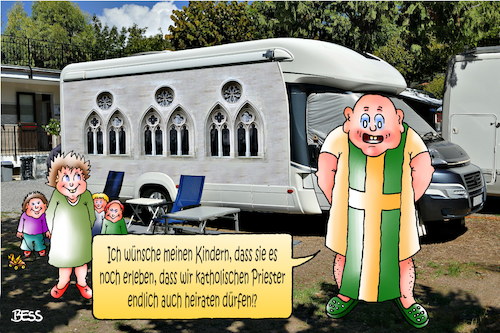 Cartoon: Ehe für alle (medium) by besscartoon tagged pfarrer,priester,katholisch,kirche,christentum,religion,kinder,heiraten,zölibat,urlaub,ferien,freizeit,wohnmobil,camping,zukunft,kurie,vatikan,ehe,für,alle,bess,besscartoon