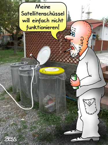 Cartoon: einen an der Schüssel (medium) by besscartoon tagged tv,satellitenschüssel,empfang,fernsehen,müll,mülleimer,camping,urlaub,ferien,camper,wohnmobil,bess,besscartoon