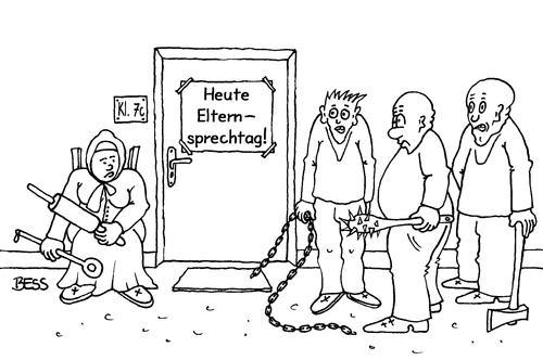 Cartoon: Eltern-Brechtag (medium) by besscartoon tagged schuldienst,schuljahr,schule,schüler,pädagogik,gymnasium,hauptschule,realschule,werkrealschule,lernen,lehrer,gewalt,eltern,axt,kette,morgenstern,rührlöffel,nudelholz,elternsprechtag,elternabend,schulmeister,pauker,bess,besscartoon