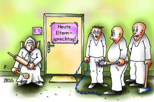 Cartoon: Eltern-Brechtag (medium) by besscartoon tagged schuldienst,schuljahr,schule,schüler,pädagogik,gymnasium,hauptschule,realschule,werkrealschule,lernen,lehrer,gewalt,eltern,axt,kette,morgenstern,rührlöffel,nudelholz,elternsprechtag,elternabend,schulmeister,pauker,bess,besscartoon