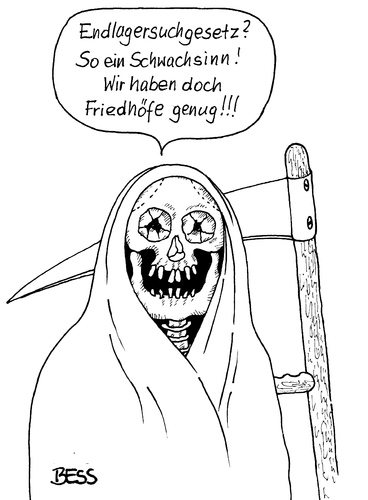 Cartoon: Endlagersuchgesetz (medium) by besscartoon tagged atom,atommüll,endlager,altmaier,suche,atomkraft,gorleben,strahlung,sensenmann,tod,sterben,sense,friedhof,umweltminister,umweltpolitik,bess,besscartoon