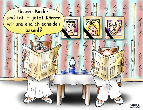 Cartoon: endlich ... (medium) by besscartoon tagged paar,alter,mann,frau,beziehung,ehe,scheidung,trennung,langeweile,zeitung,kinder,tod,sterben,bess,besscartoon