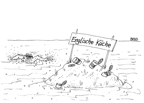 Cartoon: Englische Küche (medium) by besscartoon tagged meer,insel,wasser,schiffbruch,essen,englische,küche,kochen,dosen,dosenessen,schwimmen,bess,besscartoon