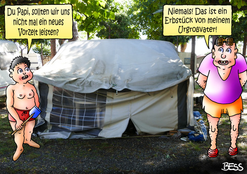 Cartoon: Erbstück (medium) by besscartoon tagged camping,vater,sohn,wohnwagen,caravan,vorzelt,urlaub,ferien,bess,besscartoon