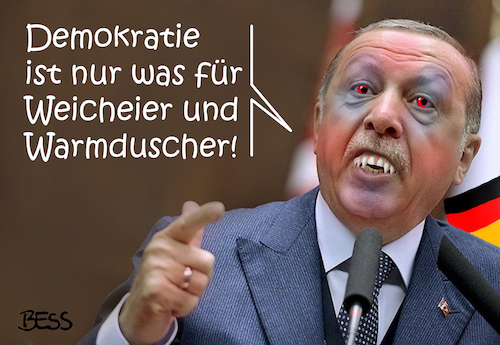 Cartoon: Erdowahn (medium) by besscartoon tagged demokratie,brd,deutschland,weicheier,warmduscher,reisewarnung,reisehinweis,knast,gefängnis,erdowahn,recep,tayyip,erdogan,verhaftungen,terrorismusverdacht,politik,diktatur,türkei,tourismus,gewalt,drakula,monster,bess,besscartoon