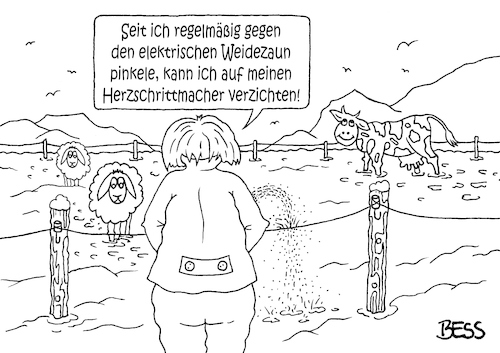 Cartoon: Erfolgsrezept (medium) by besscartoon tagged herzschrittmacher,pinkeln,medizin,weidezaun,elektrischer,schaf,kuh,mann,urinieren,bess,besscartoon