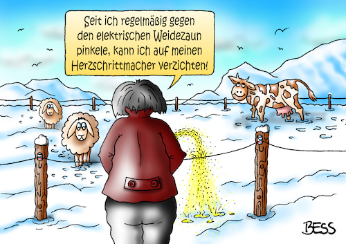 Cartoon: Erfolgsrezept (medium) by besscartoon tagged herzschrittmacher,pinkeln,medizin,weidezaun,elektrischer,schaf,kuh,mann,urinieren,bess,besscartoon